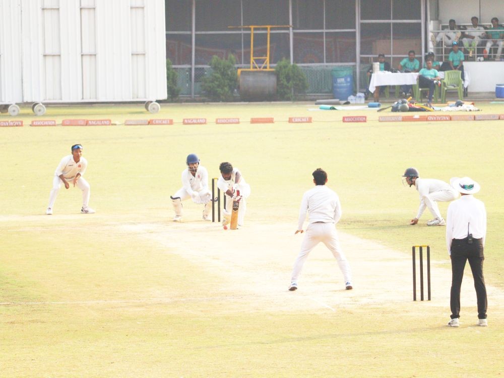Players in action during the Plate Group final match encounter of the Under-23 Col CK Nayudu Trophy between Meghalaya and Nagaland at Nagaland Cricket Stadium, Sovima on February 18. (Photo Courtesy:NCA)